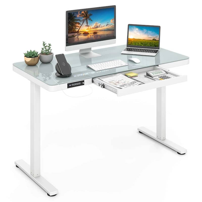 Costway 48" x 24" Whole-Piece Glass Standing Desk w/Drawers Writable - White