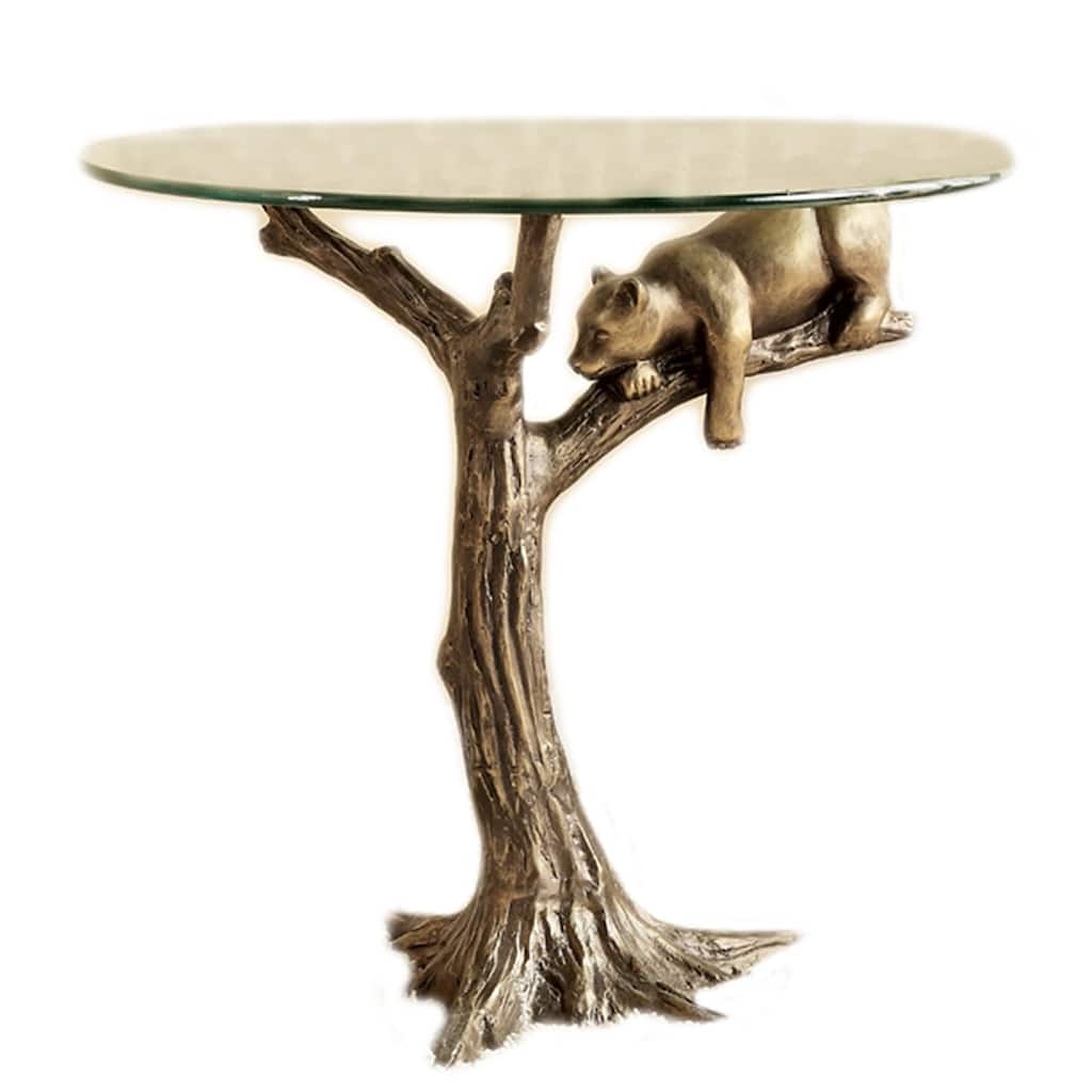 Sleepy Bear Hand Painted Aluminum Glass Top End Table - 22.5 X 24 X 24 inches