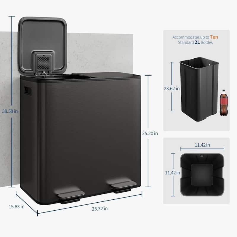2 x 10.6 Gal Double Trash Can, Stainless Steel Dual Compartment Step-On Trash Can for Kitchen