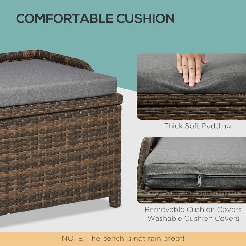 Outdoor Wicker Storage Bench Deck Box Pool Container Storage Box with Interior Waterproof Bag 2 Side Handles and Cushion