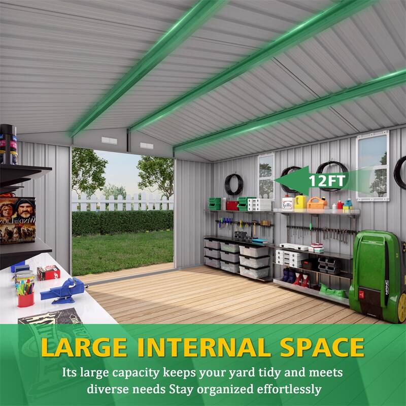 10x12FT Outdoor Storage Shed Large Metal Garden Shed with Double Door