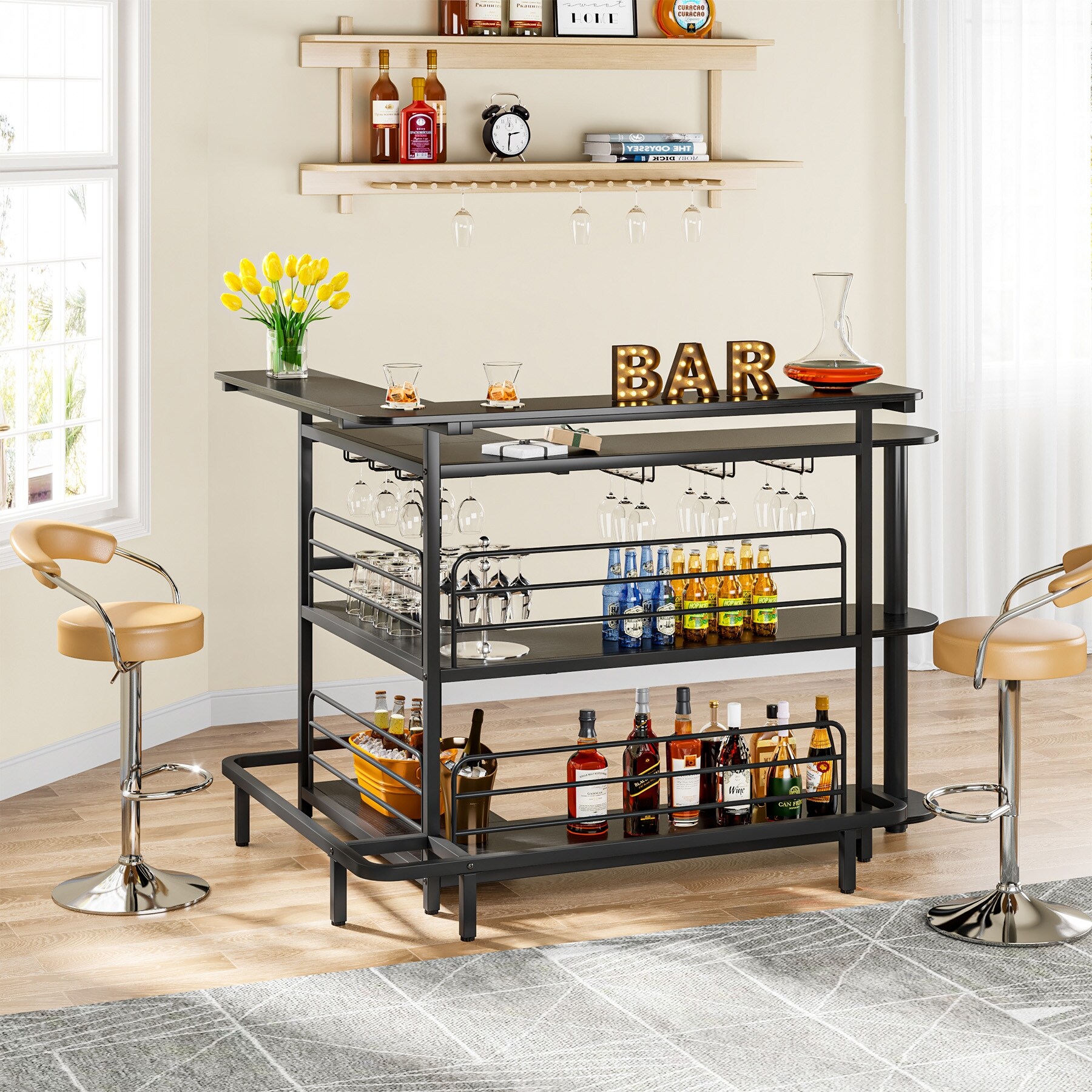Home Bar Unit, 4 Tier L Shaped Liquor Bar Table with Storage