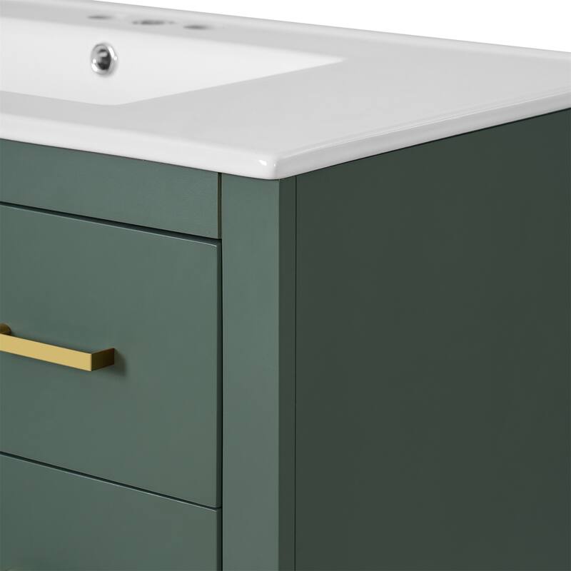 36" Bathroom Vanity with Ceramic Sink, Solid Wood Storage Cabinet, Freestanding 3-Drawer Vanity Set, Soft-Close Doors