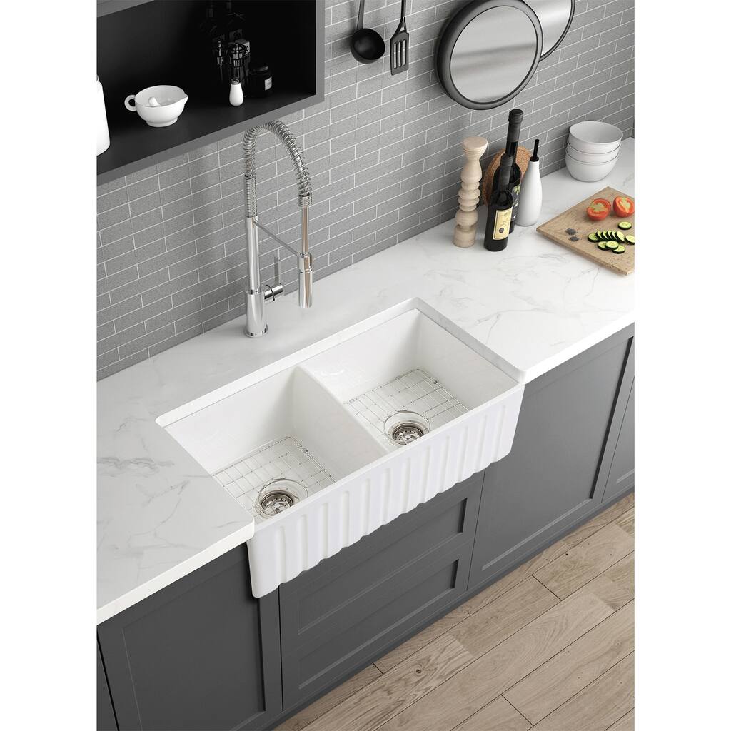Farmhouse Ceramic Sink, Kitchen Double Sink with Bottom Grid