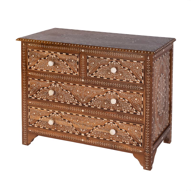 Rashmi 40 in. W Rectangular Teak & Bone In-Lay 4 Drawer Accent Chest - Medium Brown