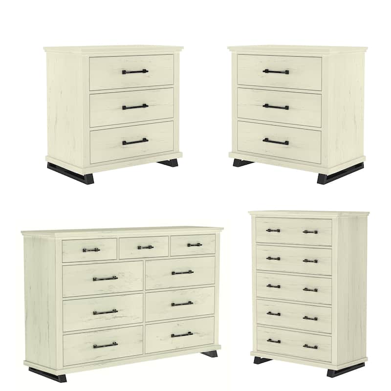 Farmhouse 4-Piece Bedroom Set - 2 Nightstand, 1 Chest and 1 Dresser - Antique White