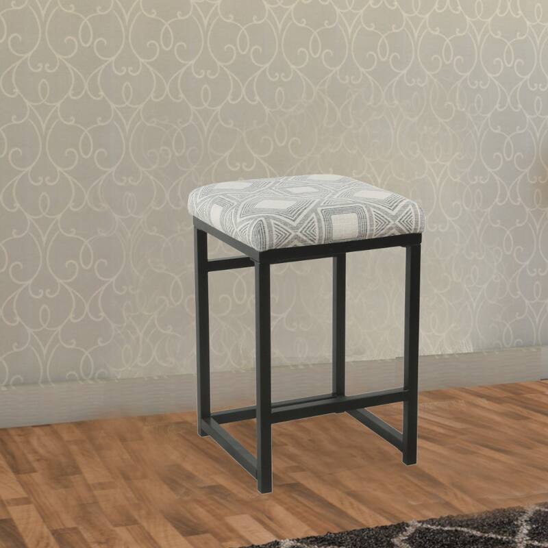 24” Counter Stool with Geometric Upholstered Seat and Black Metal Base with Footrest Support - 16"L x 16"W x 24"H - Grey-Black