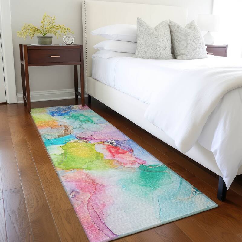 Machine Washable Indoor/ Outdoor Abstract Watercolor Chantille Rug - 2'3" x 7'6" - Blue