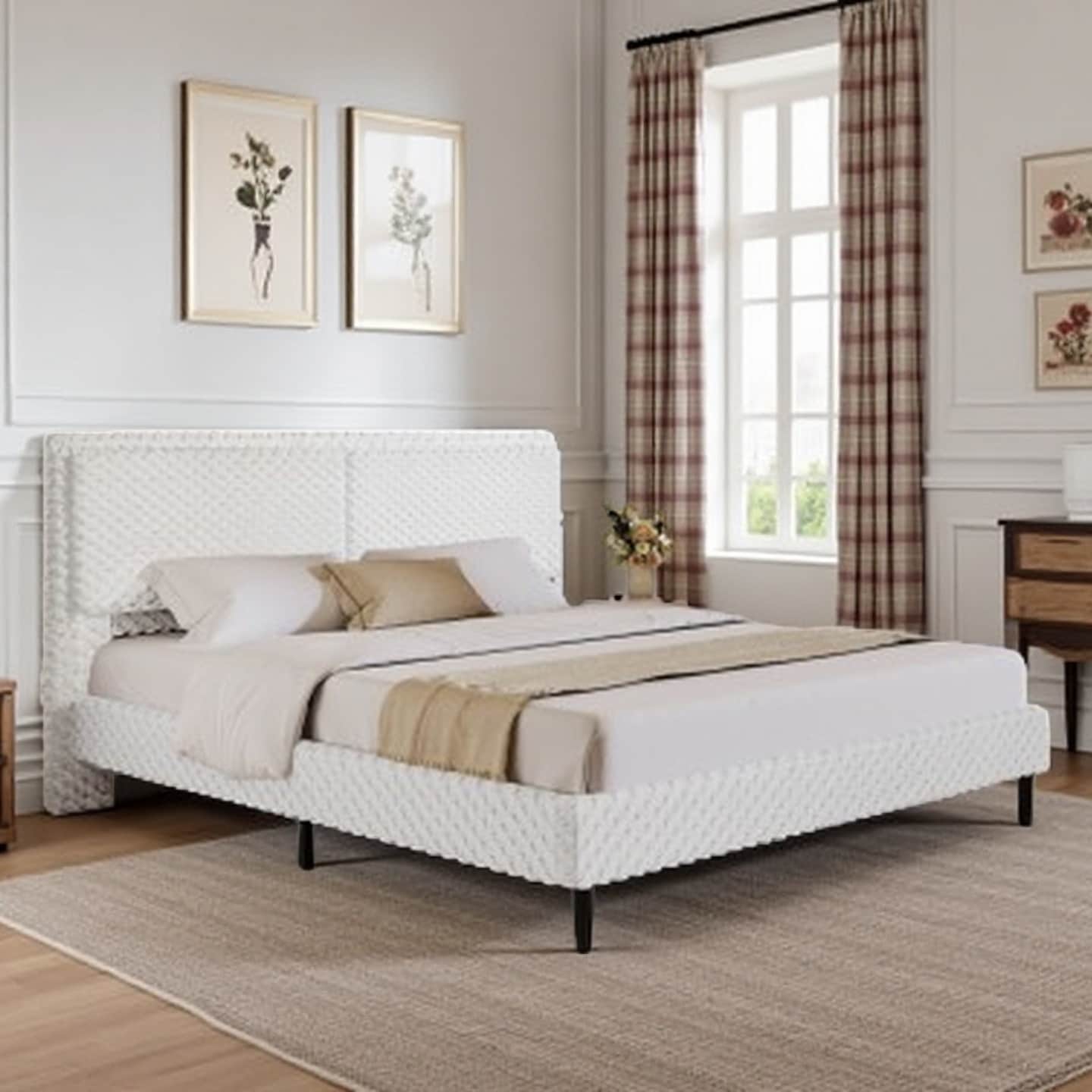 Plush Upholstered Bed with Soft Padded Backrest, Modern Minimalist Design, Solid Wood Frame