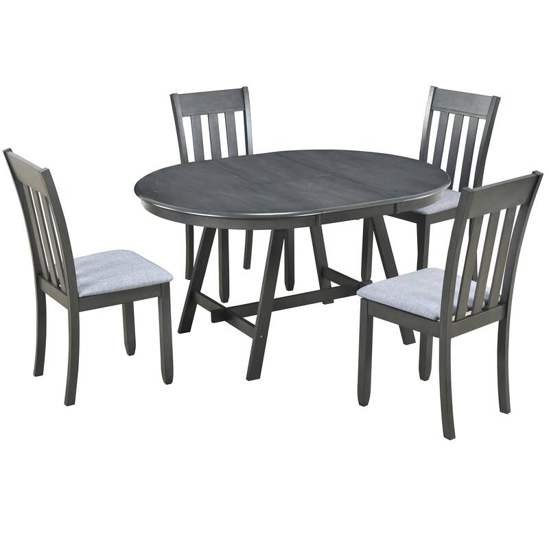 Practical Round Extendable Dining Table with 4 Dining Chairs, 5-Piece Wood Dining Table and Chairs Set for 4