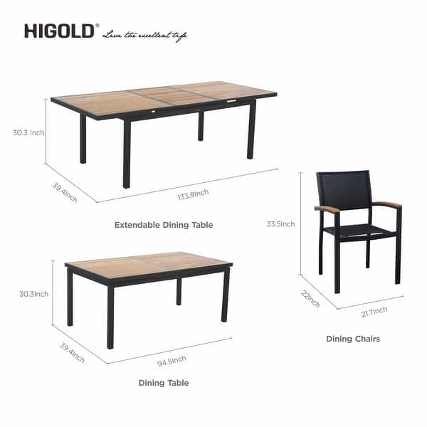 dimension image slide 3 of 5, Heck Extendable Teak Outdoor Dining Set for 8/12 Person, Aluminum, by HIGOLD