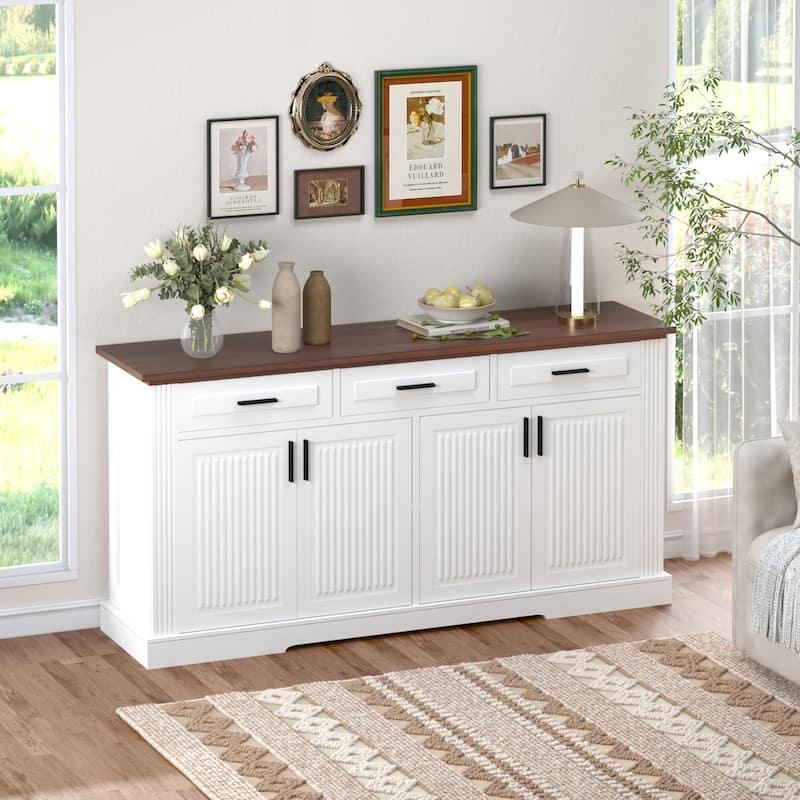 63" Fluted Farmhouse Credenza - Multi-Functional Storage Unit with Coffee Bar Top, 4 Cabinet Doors & 3 Organizational Drawers‌