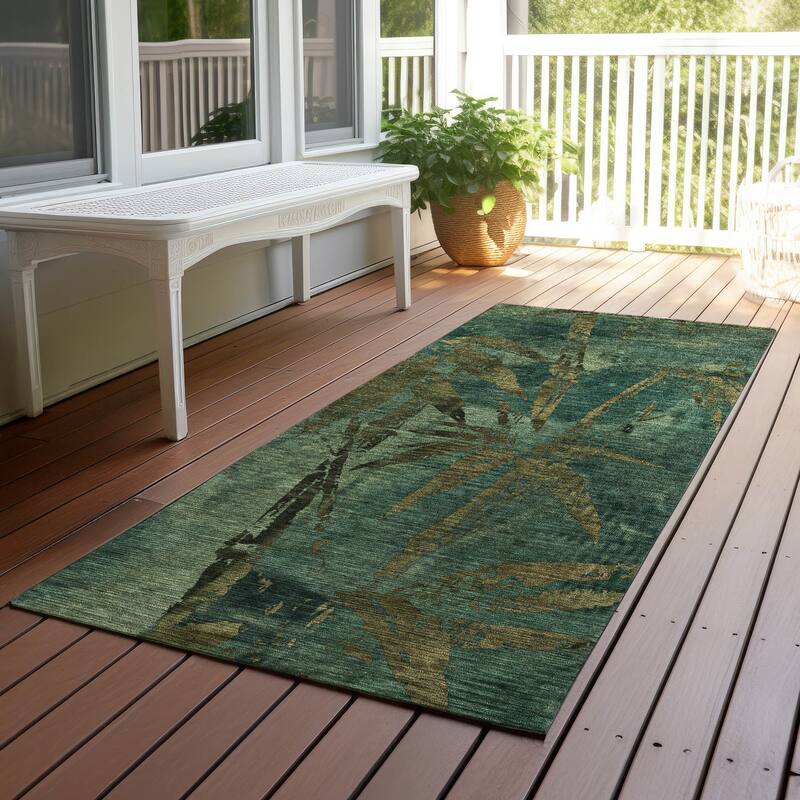 Machine Washable Indoor/ Outdoor Modern Floral Chantille Rug - Green - 2'3" x 7'6"