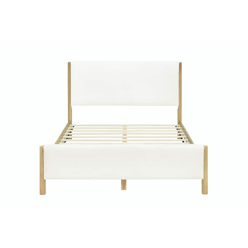 Modern White Bouclé Upholstered Bed with Rubberwood Legs