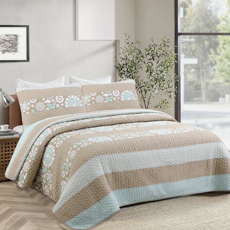 Cozy Line Floral Stripe Ogee Tan Brown Mint Green Cotton Reversible 3 Piece Quilt Bedding Set