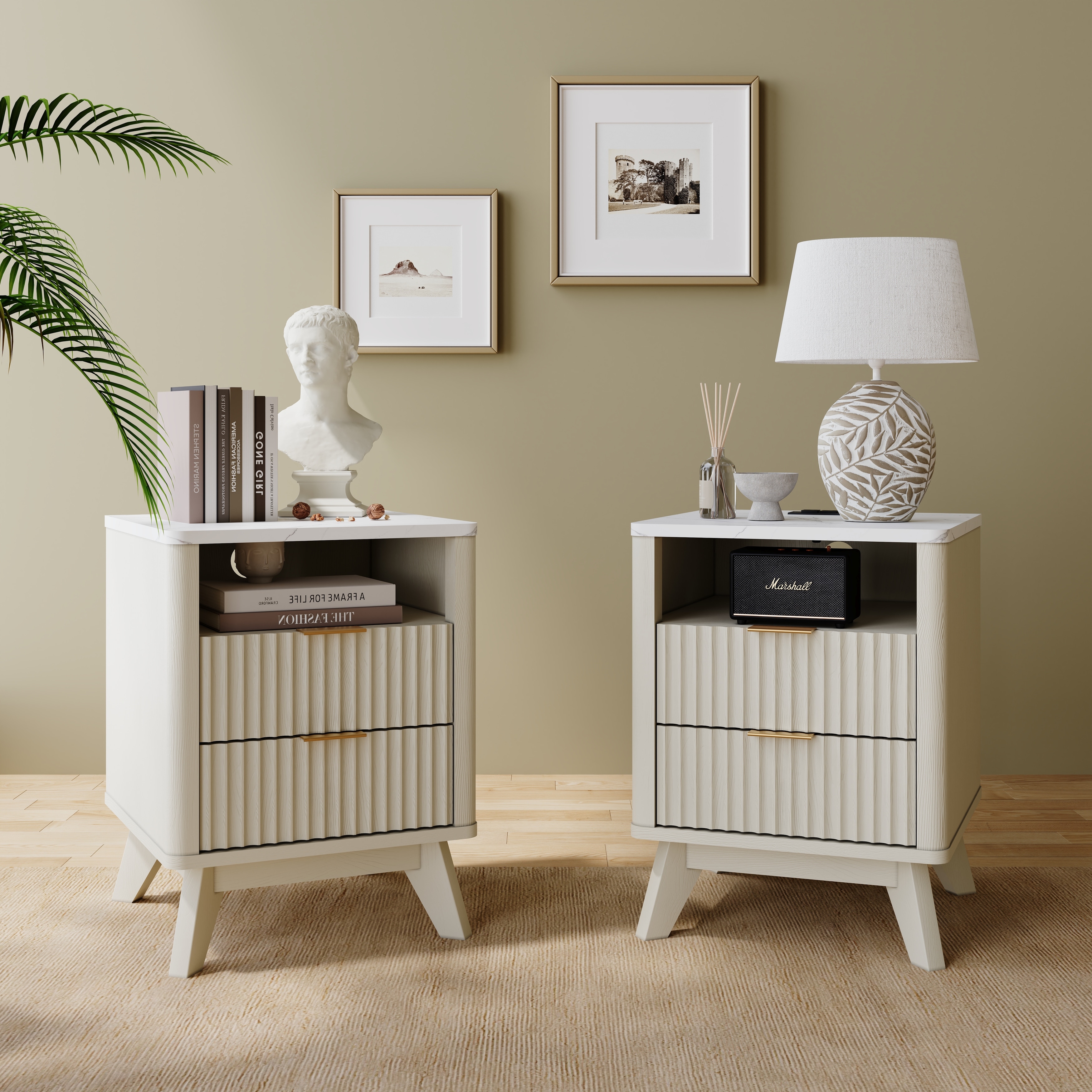 Modern Fluted Nightstand with Faux Marble Top, Side Table, End Table