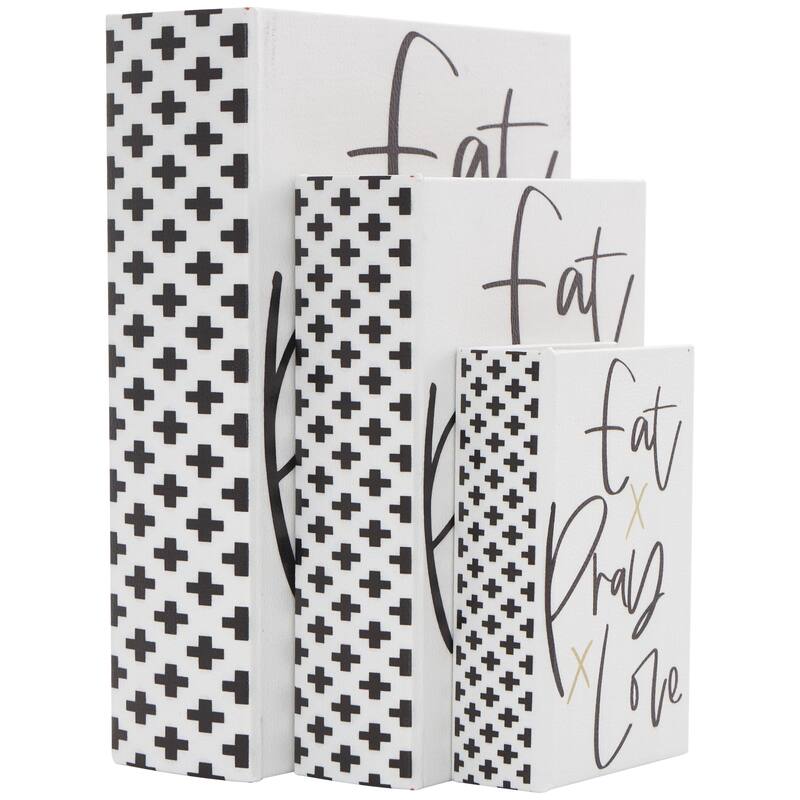 Faux Leather or Linen Fabric Book Storage Box - Set of 3 White, Beige, Black, Red or Light Gray - Roche River Decor - White - "Eat Pray Love" Text Cover