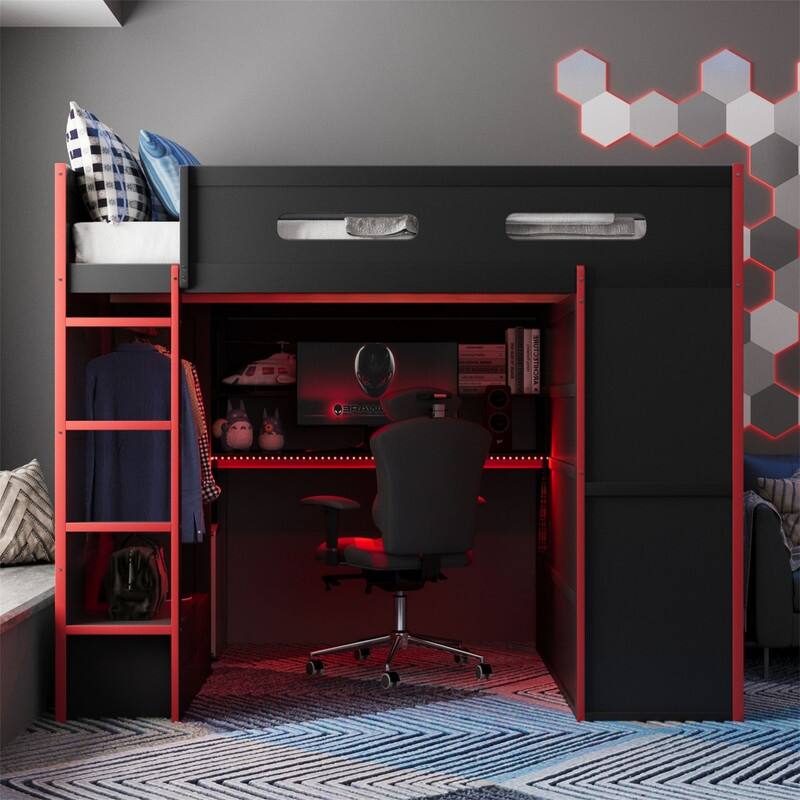Full Size Gaming Loft Bed with Bulit-in Desk and Wardrobe, Wooden Loft Bedframe with RGB LED Light and Storage Drawers