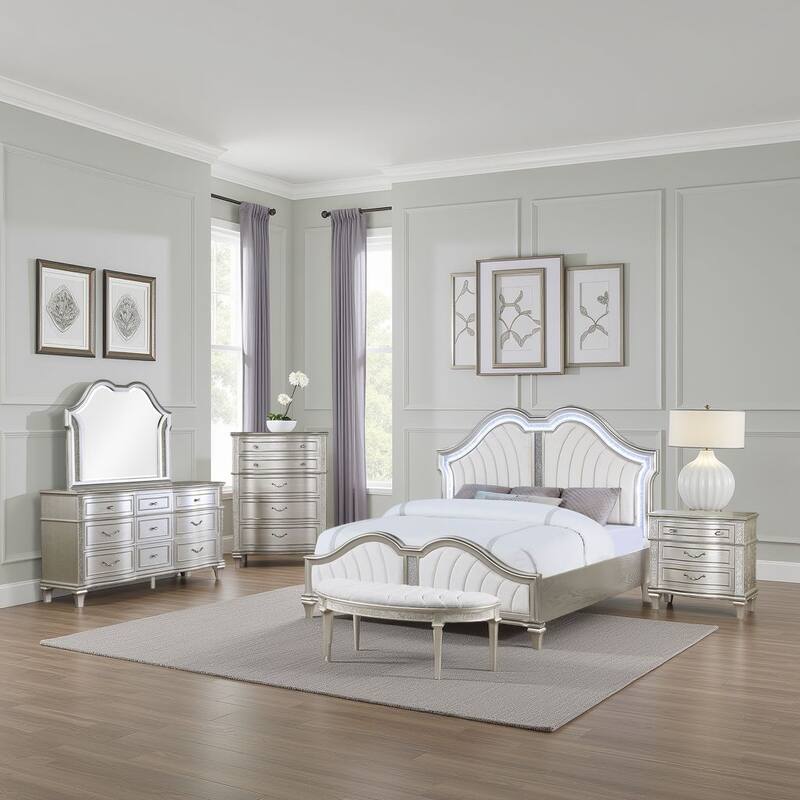 Nive 5pc King Bedroom Set, Silver, Ivory Channel Tufted Upholstery