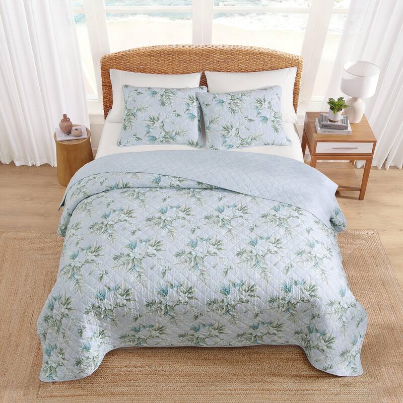 Tommy Bahama Floral Enchantment Blue Cotton Reversible Quilt Set