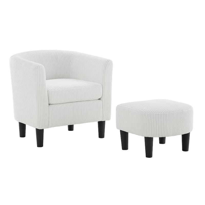 Modern Corduroy Upholstered Accent Chair with Ottoman - White