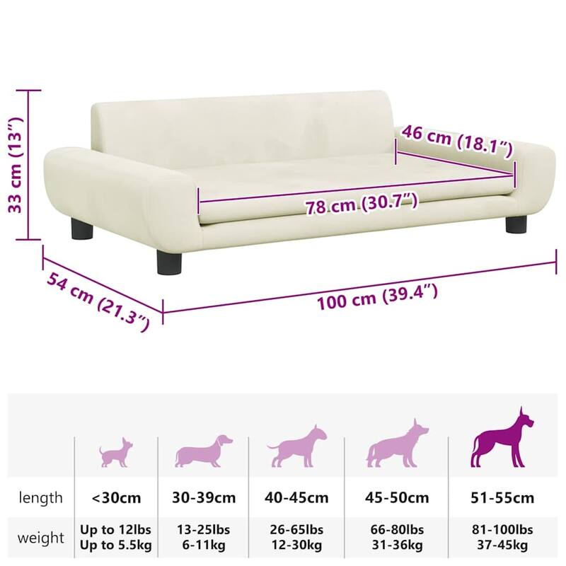 vidaXL Dog Bed Cream 100x54 x 13.0 " Velvet - 39.4 x 21.3 x 13.0"