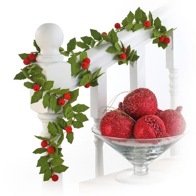 48" Flocked Felt Holly Berry Garland - Green Red