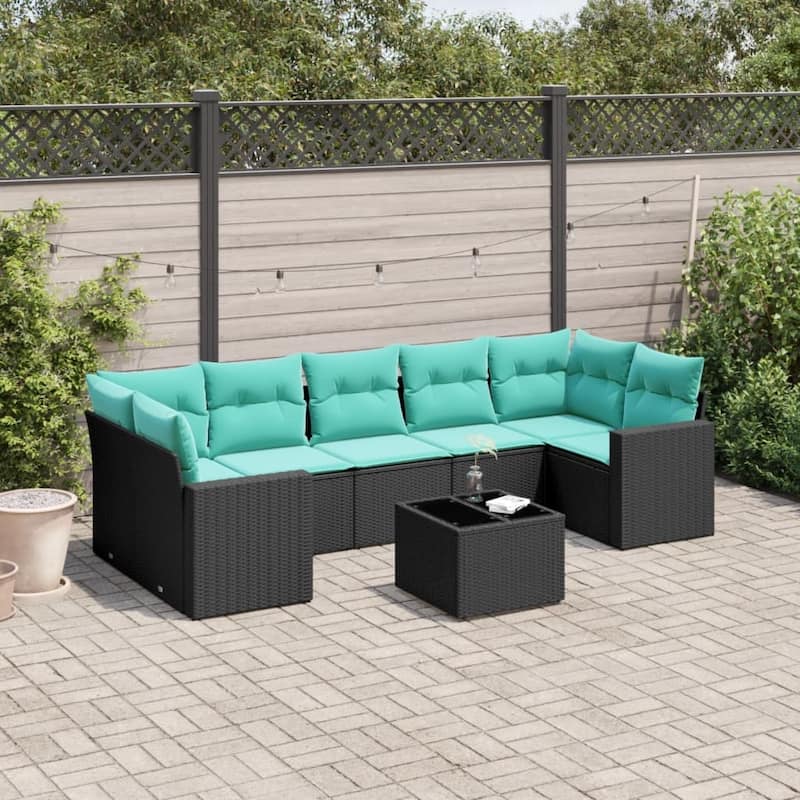 vidaXL Patio Sofa Set with Cushions Outdoor Furniture 8 Piece Poly Rattan - 25.8" x 24.4" x 27.2" - Black and blue