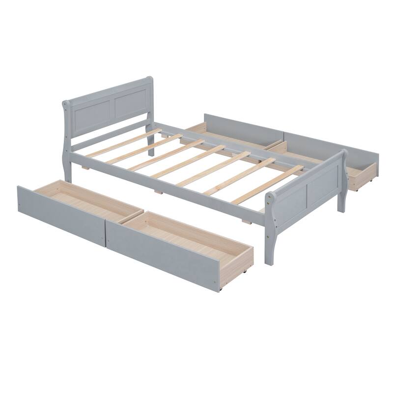 Wood Platform Bed with 4 Drawers and Streamlined Headboard & Footboard