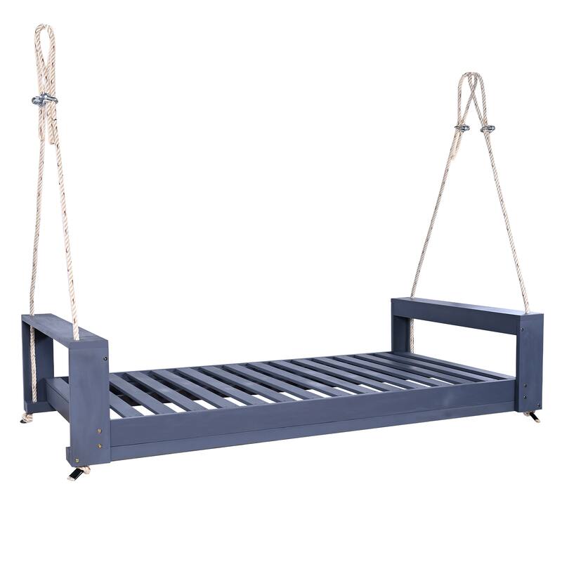 Twin Size Porch Swing Bed Seating Group, Patio Acacia Wood Swing Frame with Hemp Ropes for Garden, Backyard