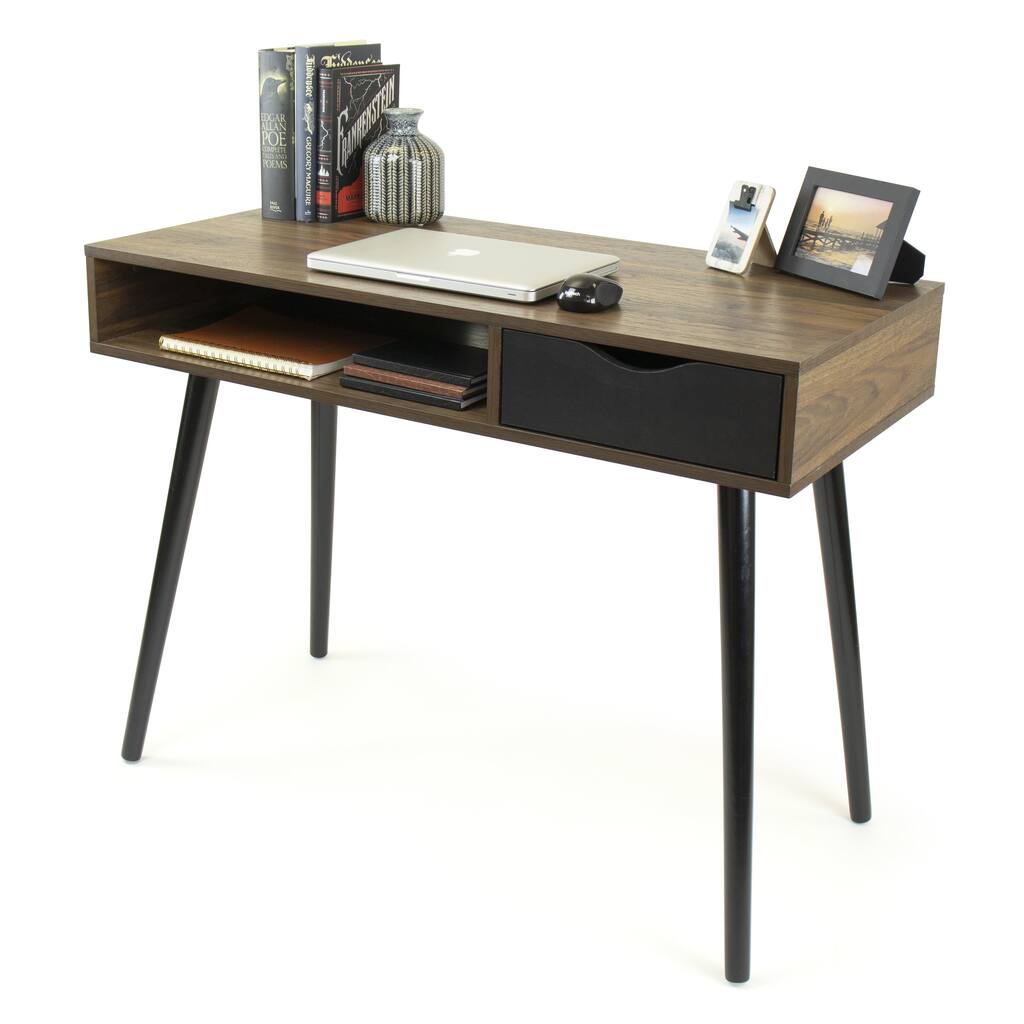 Writing Desk with Drawer Storage, Dark Wood/Black