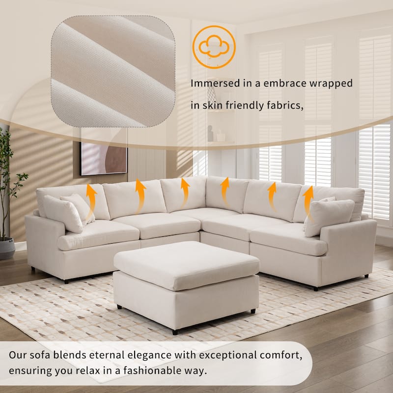 100.4'' Spacious U-Shaped 6 Seat Sectional Sofa with Removable Ottomans and Pillow, for Living Room, Easy-Clean Cushions