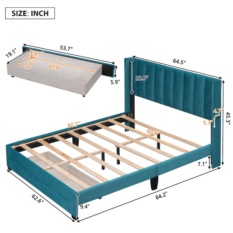 Queen Size Storage Bed Velvet Upholstered Platform Bed with a Big