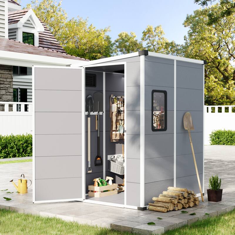 5' x 4' Outdoor Storage Shed with Built-In Floor, Lockable Double Doors & Sloped Roof, Light Gray - 5' x 4'