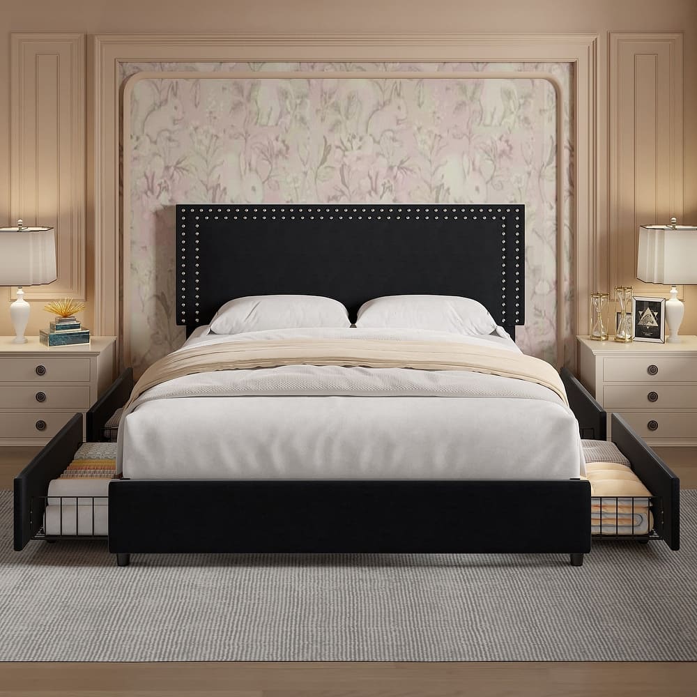 VECELO Upholstered Storage Bed Frames with 4 Storage Drawers Platform Bed Frame with Adjustable Velvet Rivets Headboard
