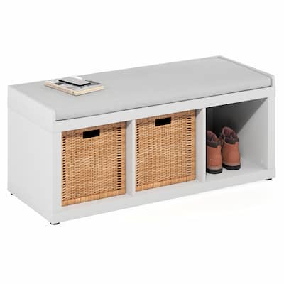 Furinno Cubicle 3-Cube Storage Bench with Comfy Cushion for Entryway, Living Room, White