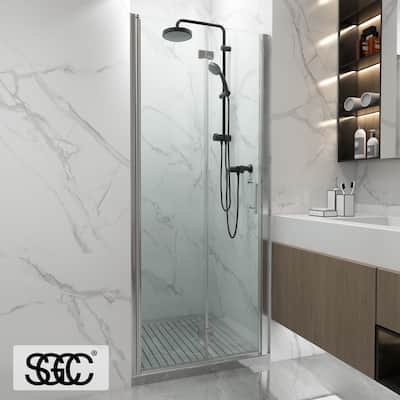 ExBrite 32'' x 72'' Shower Door Frameless Hinged Bifold Panel Designed Glass Door,Thick Tempered Glass,Reversible Installation