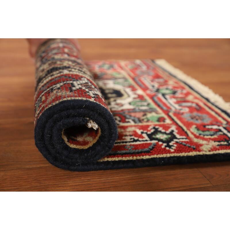 Hand Knotted Oriental 100% Wool Carpet Traditional Medallion Navy Blue & Blues Heriz (serapi) Area Rug - 3' 0'' X 2' 0''