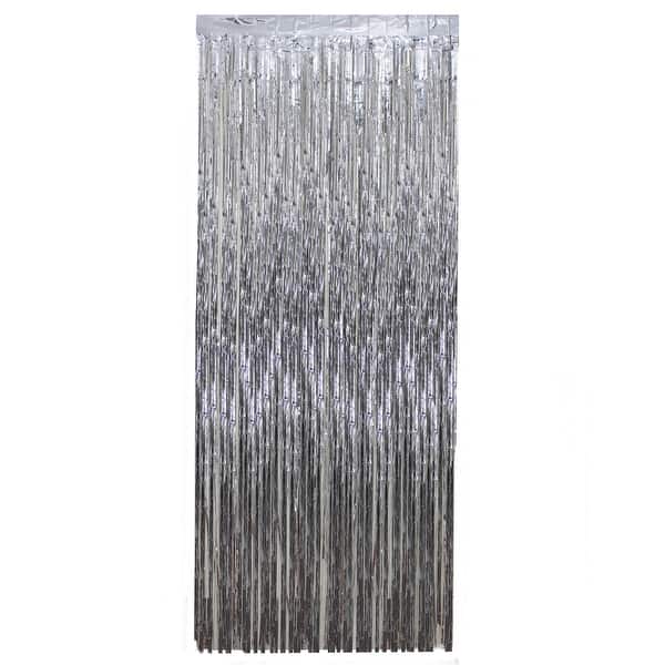 slide 2 of 3, Silver Tinsel Christmas Window or Door Curtain 3' x 8'