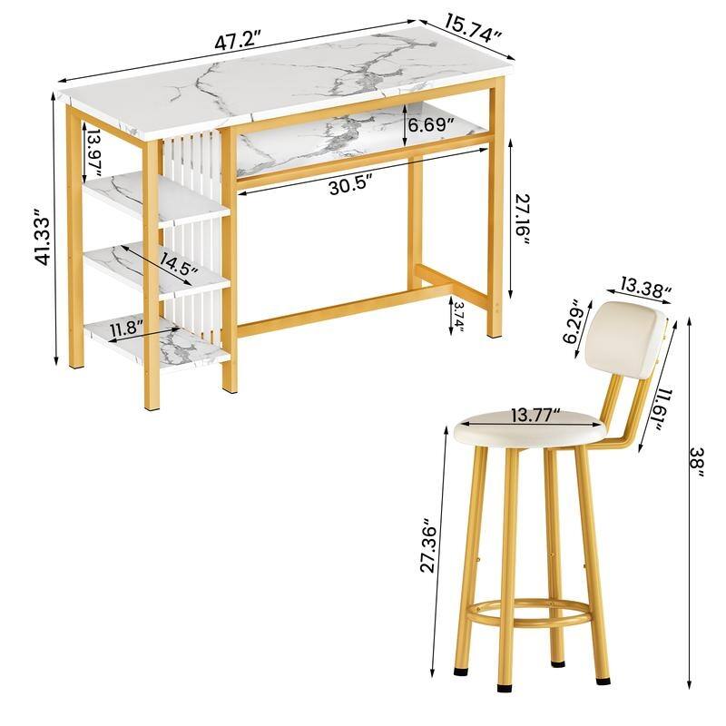 3-Piece Dining Room Table Set with 2 Upholstered Bar Stools, Modern Farmhouse Bar Table Set for 2 with Multiple Tier Shelves