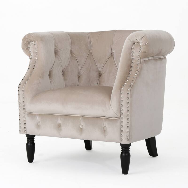 Champagne Modern 32.75" Velvet Button Tufted Club Chair with Turned Birch Wood Legs and Nailheads