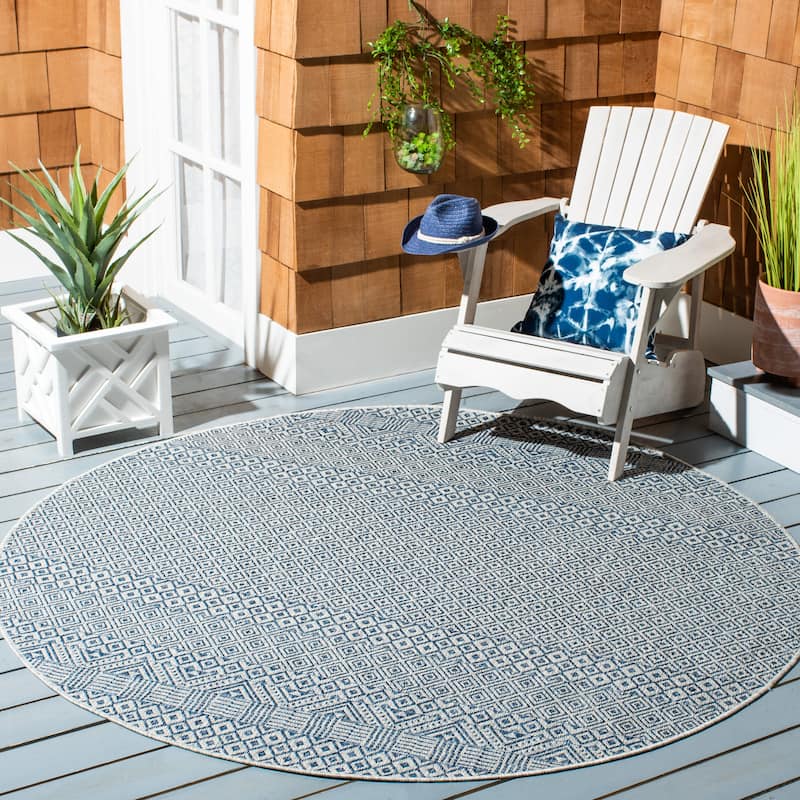 SAFAVIEH Courtyard Terezija Indoor/ Outdoor Waterproof Patio Backyard Rug - 4' Round - Grey/Blue