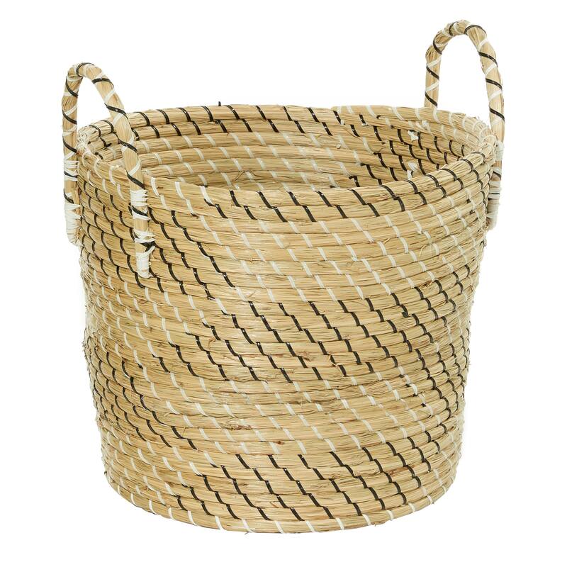 Beige Seagrass Handmade Two Toned Decorative and Functional Storage Basket with Handles (Set of 3)