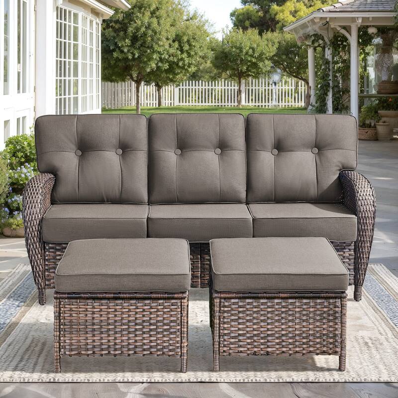 Gymojoy 3-Piece Outdoor Wicker Patio Furniture Set, 5" Thick Cushioned Rattan Sofa with Ottomans