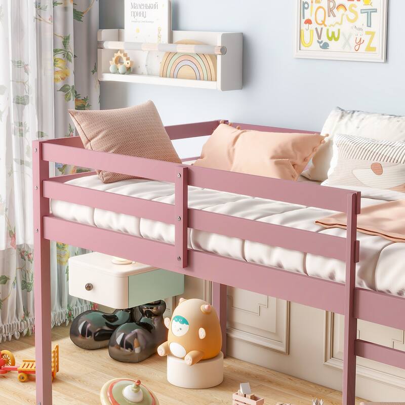 Pink Twin Loft Bed with Ladder, Rubber Wood Frame, Strengthened Slats, Low Height Design, Ample Under-Bed Storage