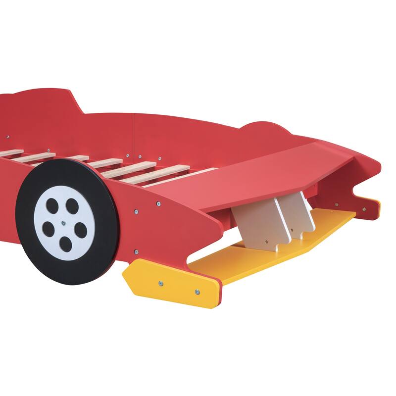 Race Carshaped Toddler Floor Bed Twin Size Grounded Bed with Front Storage Shelves, Wheels and Guardrail, Wooden Platform Bed