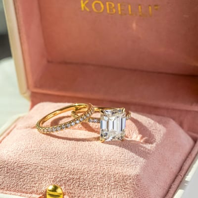 Kobelli 4.25 Carat Forever One Moissanite & Lab Grown Diamond 14k Solid Gold Emerald Butterfly Basket Bridal Set