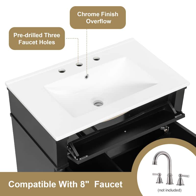 30" Bathroom Vanity with Sink, Freestanding Solid Rubberwood Cabinet with Flip Drawer & Adjustable Shelf