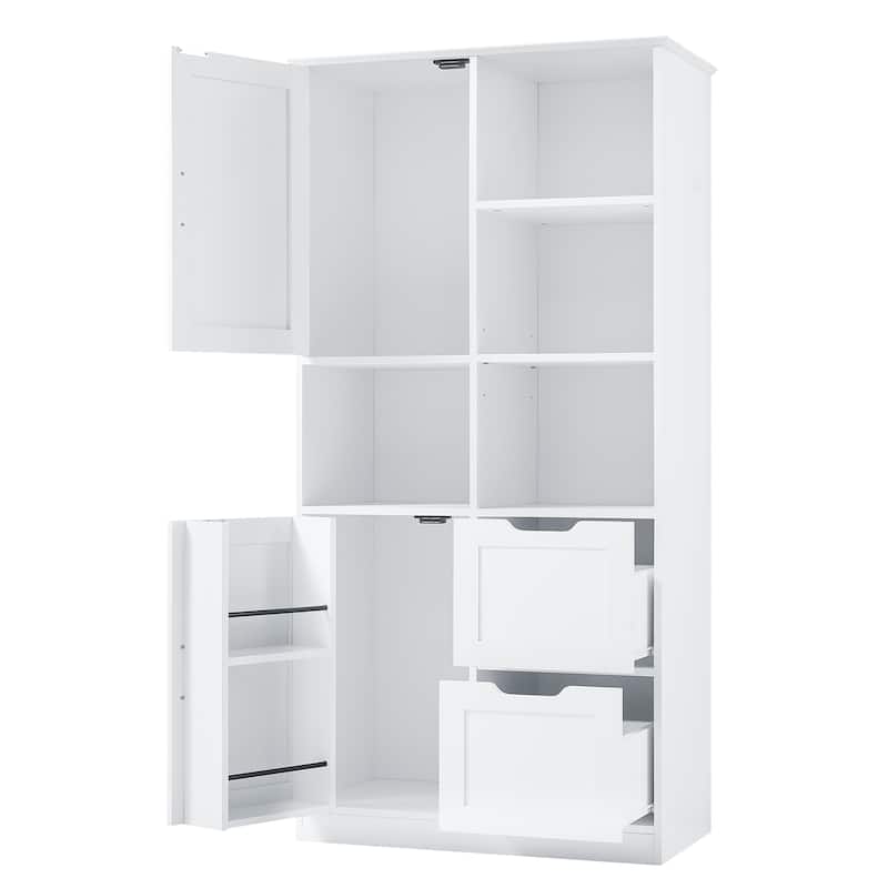White Large Wood Bathroom Cabinet with 2 Storage, Drawer Open Shelves