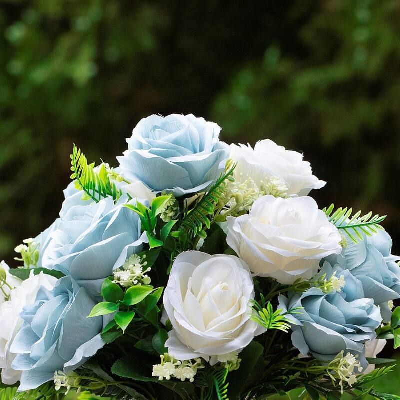 18 Heads Silk Rose Flower in Clear Glass Vase With Faux Water and River Stone for Home Decor, Wedding Table